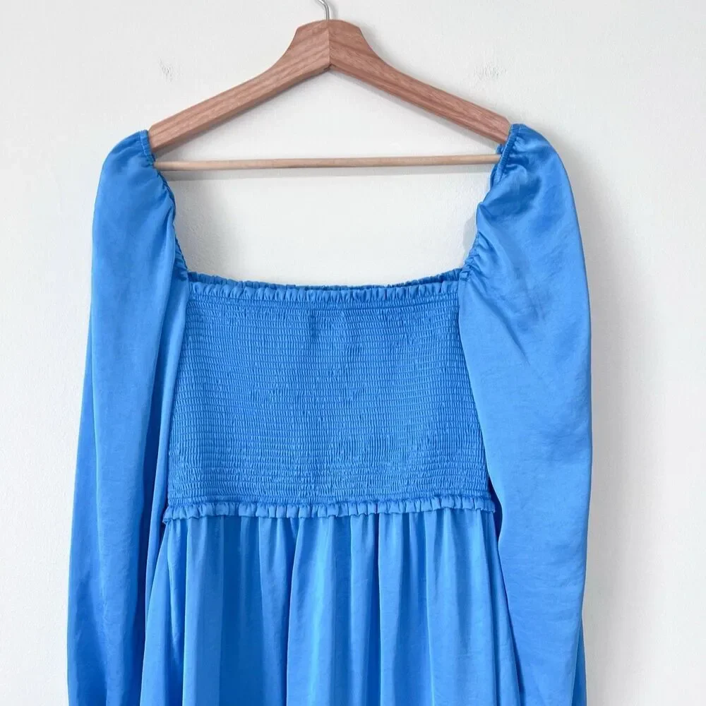 Aritzia Wilfred Tempest Satin Smocked Mini Dress Blue M Long Sleeve Babydoll